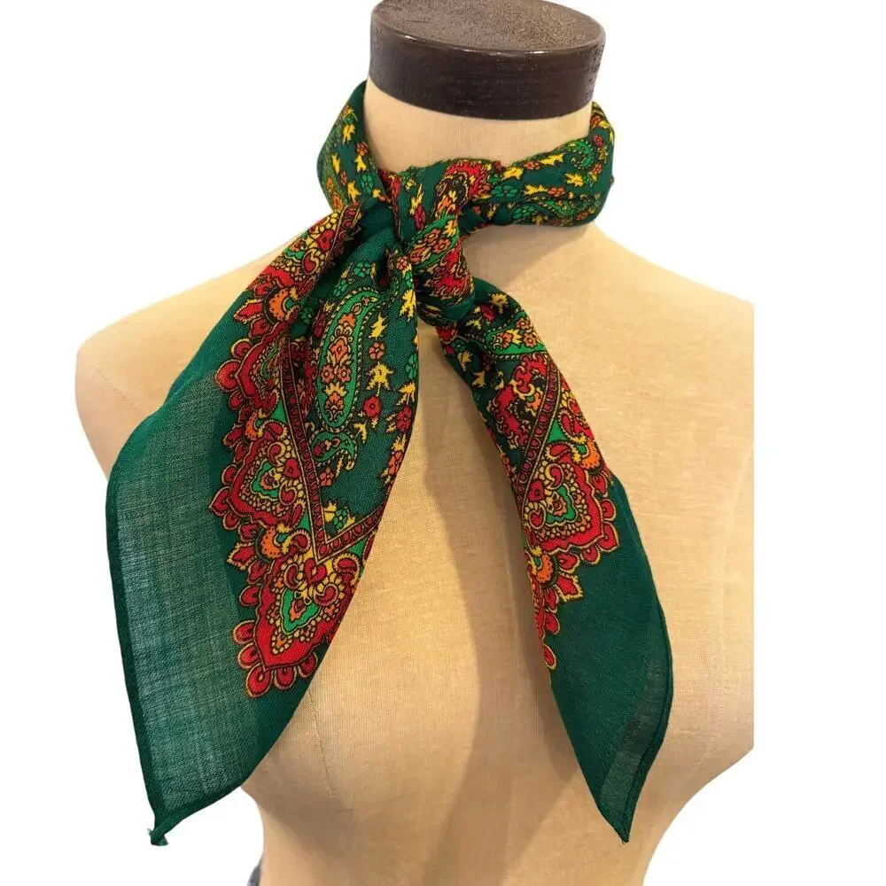 VINTAGE 100% Wool Made in Japan Scarf Neck Tie Green Orange Gold Floral - Picture 1 of 4